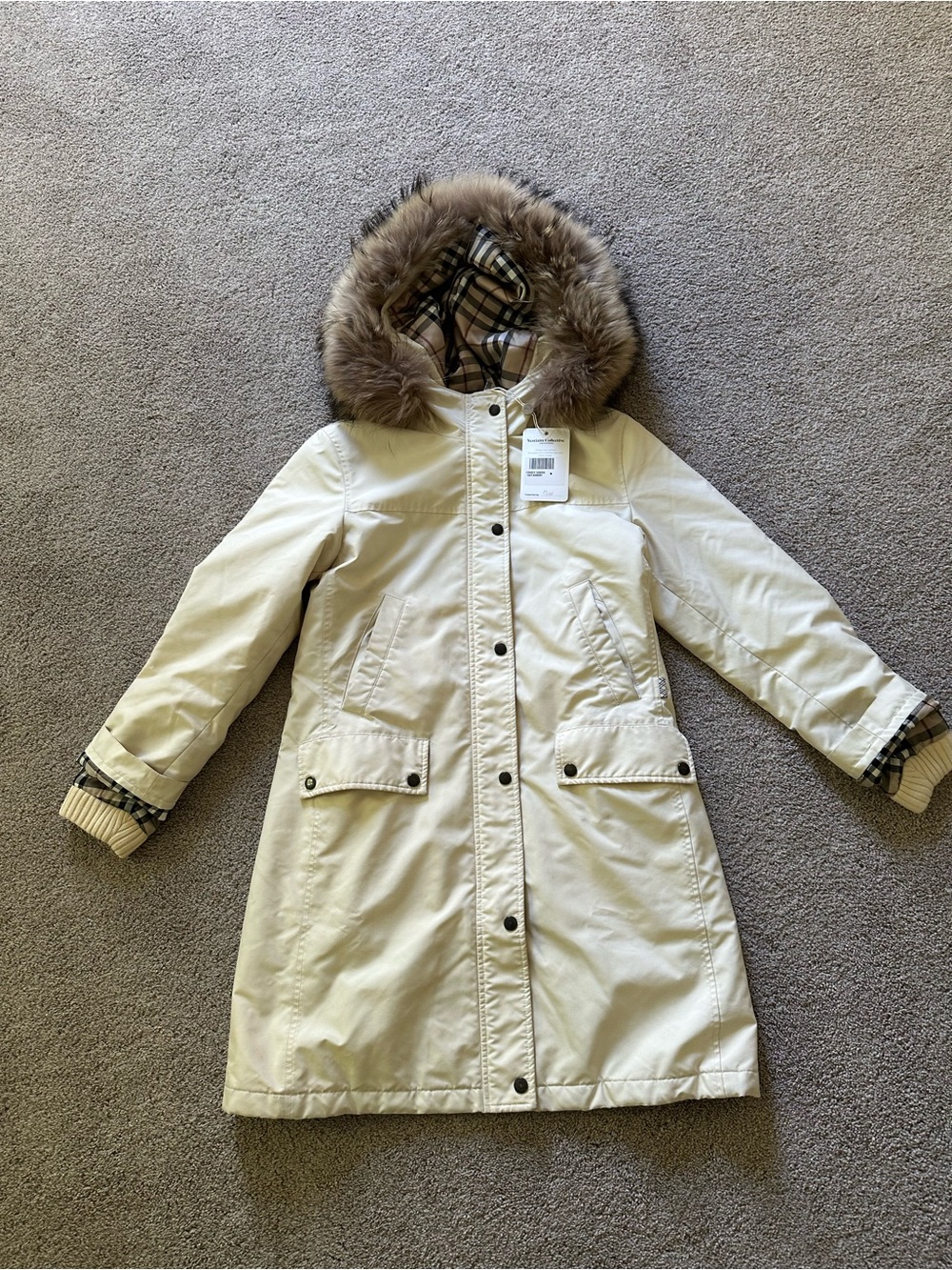 Burberry Cream Trench Parka with Fur-Trim Hood-XS